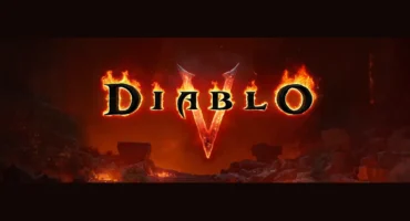 Logotipo de Diablo V en llamas sobre un Santuario en ruinas