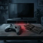Mando inalámbrico y cartera de cuero sobre una mesa de madera frente a un televisor apagado en una sala oscura. Imagen generada con IA.