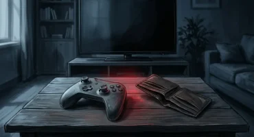 Mando inalámbrico y cartera de cuero sobre una mesa de madera frente a un televisor apagado en una sala oscura. Imagen generada con IA.