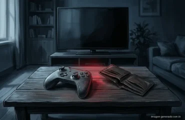 Mando inalámbrico y cartera de cuero sobre una mesa de madera frente a un televisor apagado en una sala oscura. Imagen generada con IA.