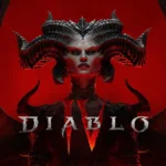 Arte oficial de Diablo IV con Lilith y sus cuernos sobre fondo rojo y el logotipo del juego