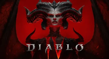 Arte oficial de Diablo IV con Lilith y sus cuernos sobre fondo rojo y el logotipo del juego
