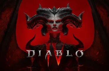 419-diablo-4-amazon-skovos-2027-blizzcon Arte oficial de Diablo IV con Lilith y sus cuernos sobre fondo rojo y el logotipo del juego