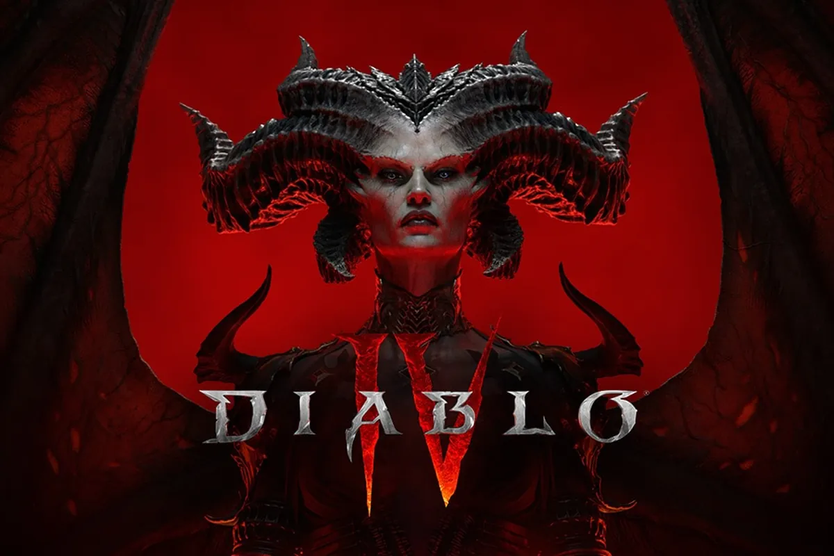 419-diablo-4-amazon-skovos-2027-blizzcon Arte oficial de Diablo IV con Lilith y sus cuernos sobre fondo rojo y el logotipo del juego