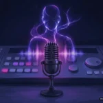 Micrófono de estudio sobre consola de producción musical con luz púrpura y visualizadores de audio. Imagen generada con IA.