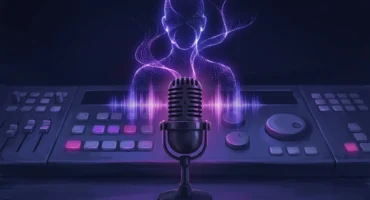 Micrófono de estudio sobre consola de producción musical con luz púrpura y visualizadores de audio. Imagen generada con IA.