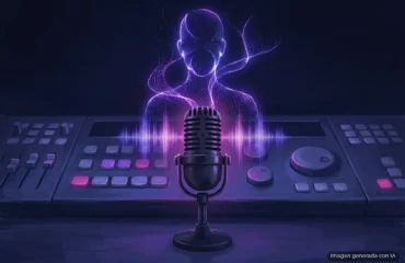 420-davinci-resolve-21-photo-page-herramientas-ia Micrófono de estudio sobre consola de producción musical con luz púrpura y visualizadores de audio. Imagen generada con IA.
