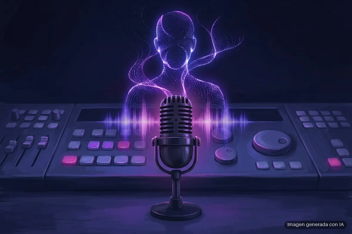 420-davinci-resolve-21-photo-page-herramientas-ia Micrófono de estudio sobre consola de producción musical con luz púrpura y visualizadores de audio. Imagen generada con IA.