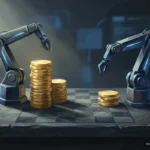 Dos brazos robóticos metálicos frente a pilas de monedas doradas sobre una mesa de ajedrez. Imagen generada con IA.