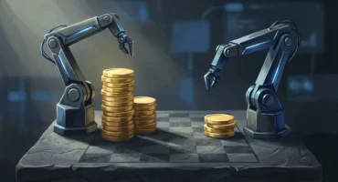 Dos brazos robóticos metálicos frente a pilas de monedas doradas sobre una mesa de ajedrez. Imagen generada con IA.