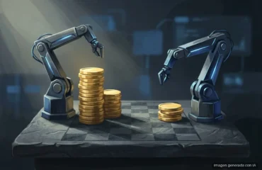 Dos brazos robóticos metálicos frente a pilas de monedas doradas sobre una mesa de ajedrez. Imagen generada con IA.