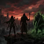 Tres guerreros armados sobre una roca ante un castillo medieval, con cielo rojo al atardecer y humo verde fluorescente. Imagen generada con IA.