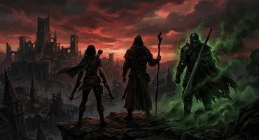 Tres guerreros armados sobre una roca ante un castillo medieval, con cielo rojo al atardecer y humo verde fluorescente. Imagen generada con IA.