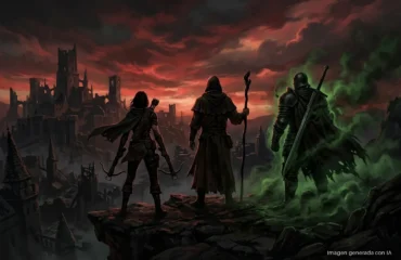 Tres guerreros armados sobre una roca ante un castillo medieval, con cielo rojo al atardecer y humo verde fluorescente. Imagen generada con IA.