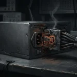 Fuente de alimentación con el conector de 16 pines derretido y humeando sobre una mesa de trabajo. Imagen generada con IA.
