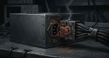 Fuente de alimentación con el conector de 16 pines derretido y humeando sobre una mesa de trabajo. Imagen generada con IA.