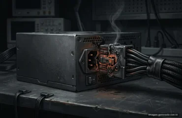 Fuente de alimentación con el conector de 16 pines derretido y humeando sobre una mesa de trabajo. Imagen generada con IA.