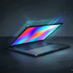 Portátil con pantalla abierta mostrando un gradiente multicolor de arcoíris, rodeado de líneas de luz cian. Imagen generada con IA.