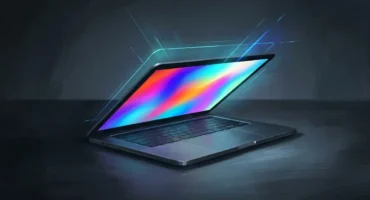 Portátil con pantalla abierta mostrando un gradiente multicolor de arcoíris, rodeado de líneas de luz cian. Imagen generada con IA.