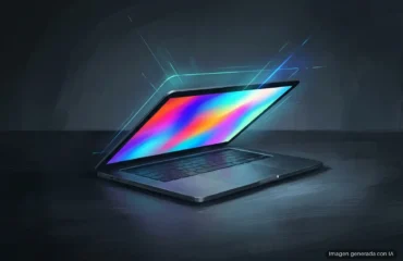 427-lenovo-googlebook-15-filtracion-especificaciones-oled-120hz Portátil con pantalla abierta mostrando un gradiente multicolor de arcoíris, rodeado de líneas de luz cian. Imagen generada con IA.