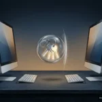 Dos monitores de escritorio con teclados a cada lado y una esfera de cristal con llaves entre ellos sobre una mesa oscura. Imagen generada con IA.