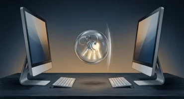 Dos monitores de escritorio con teclados a cada lado y una esfera de cristal con llaves entre ellos sobre una mesa oscura. Imagen generada con IA.