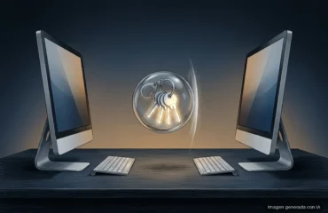 430-macos-tahoe-26-4-impide-copiar-keychain-entre-macs Dos monitores de escritorio con teclados a cada lado y una esfera de cristal con llaves entre ellos sobre una mesa oscura. Imagen generada con IA.