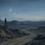 Figura con armadura ligera sobre roca en paisaje árido con acantilados, dos lunas en el cielo y ciudad iluminada al fondo. Imagen generada con IA.