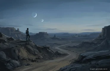 Figura con armadura ligera sobre roca en paisaje árido con acantilados, dos lunas en el cielo y ciudad iluminada al fondo. Imagen generada con IA.