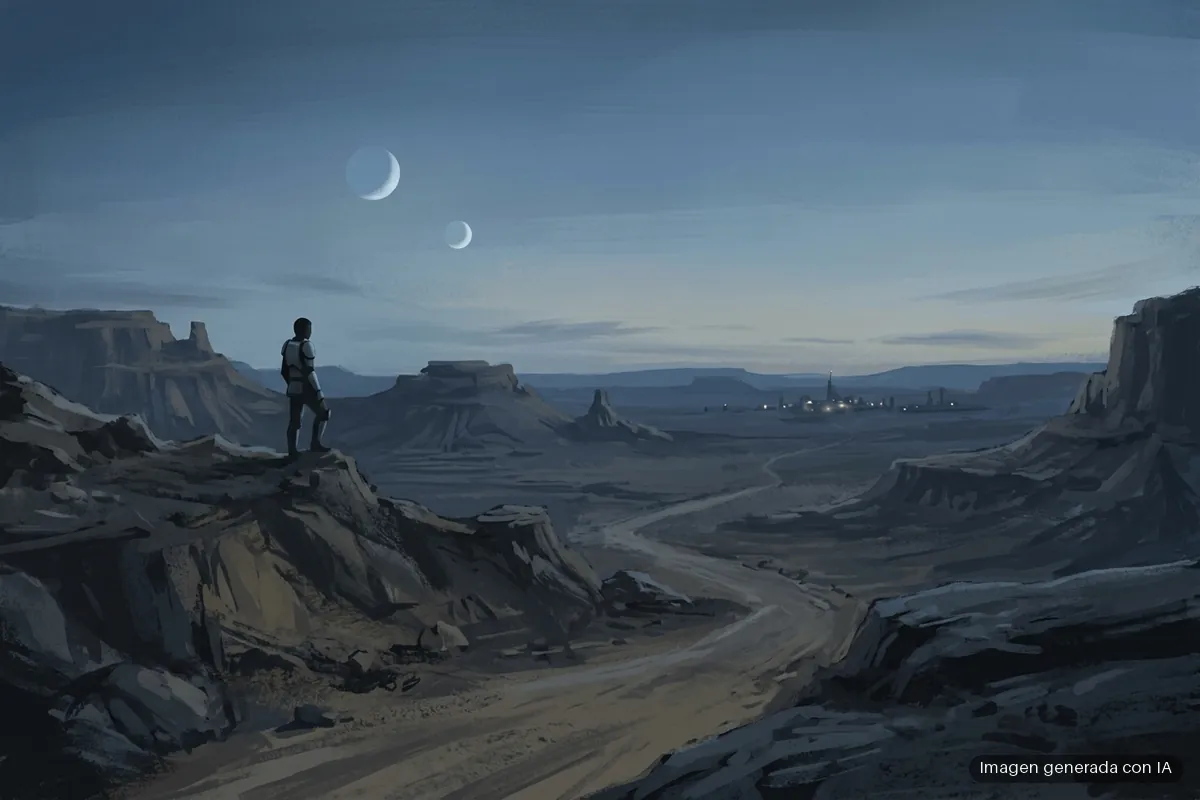431-starcraft-dan-hay-no-es-juego-de-temporadas Figura con armadura ligera sobre roca en paisaje árido con acantilados, dos lunas en el cielo y ciudad iluminada al fondo. Imagen generada con IA.