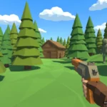 Arma pixelada en primer plano apuntando hacia un bosque de árboles verdes, cabaña de madera y figura humana al fondo. Imagen generada con IA.