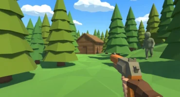 Arma pixelada en primer plano apuntando hacia un bosque de árboles verdes, cabaña de madera y figura humana al fondo. Imagen generada con IA.
