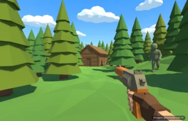 Arma pixelada en primer plano apuntando hacia un bosque de árboles verdes, cabaña de madera y figura humana al fondo. Imagen generada con IA.