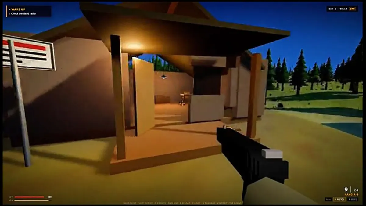 Captura del shooter creado con IA local: una cabaña de madera entre pinos y una pistola en primer plano, con los indicadores del juego