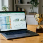 Portátil mostrando una hoja de cálculo con gráficos y tablas de datos en pantalla, junto a un trofeo dorado sobre una mesa de madera. Imagen generada con IA.