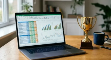 Portátil mostrando una hoja de cálculo con gráficos y tablas de datos en pantalla, junto a un trofeo dorado sobre una mesa de madera. Imagen generada con IA.