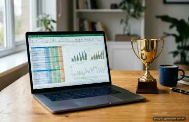 Portátil mostrando una hoja de cálculo con gráficos y tablas de datos en pantalla, junto a un trofeo dorado sobre una mesa de madera. Imagen generada con IA.