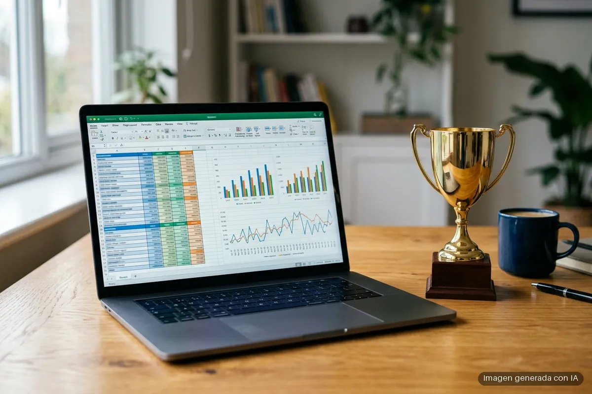 445-microsoft-copilot-resuelve-retos-mundial-excel Portátil mostrando una hoja de cálculo con gráficos y tablas de datos en pantalla, junto a un trofeo dorado sobre una mesa de madera. Imagen generada con IA.