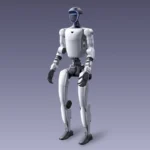El robot humanoide G1 de Unitree, de pie y de frente sobre un fondo gris liso