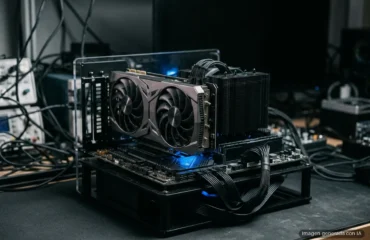 448-filtracion-nvidia-rtx-60-rubin-2027 Tarjeta gráfica de doble ventilador instalada en placa base dentro de chasis transparente, con iluminación azul y cables conectados. Imagen generada con IA.