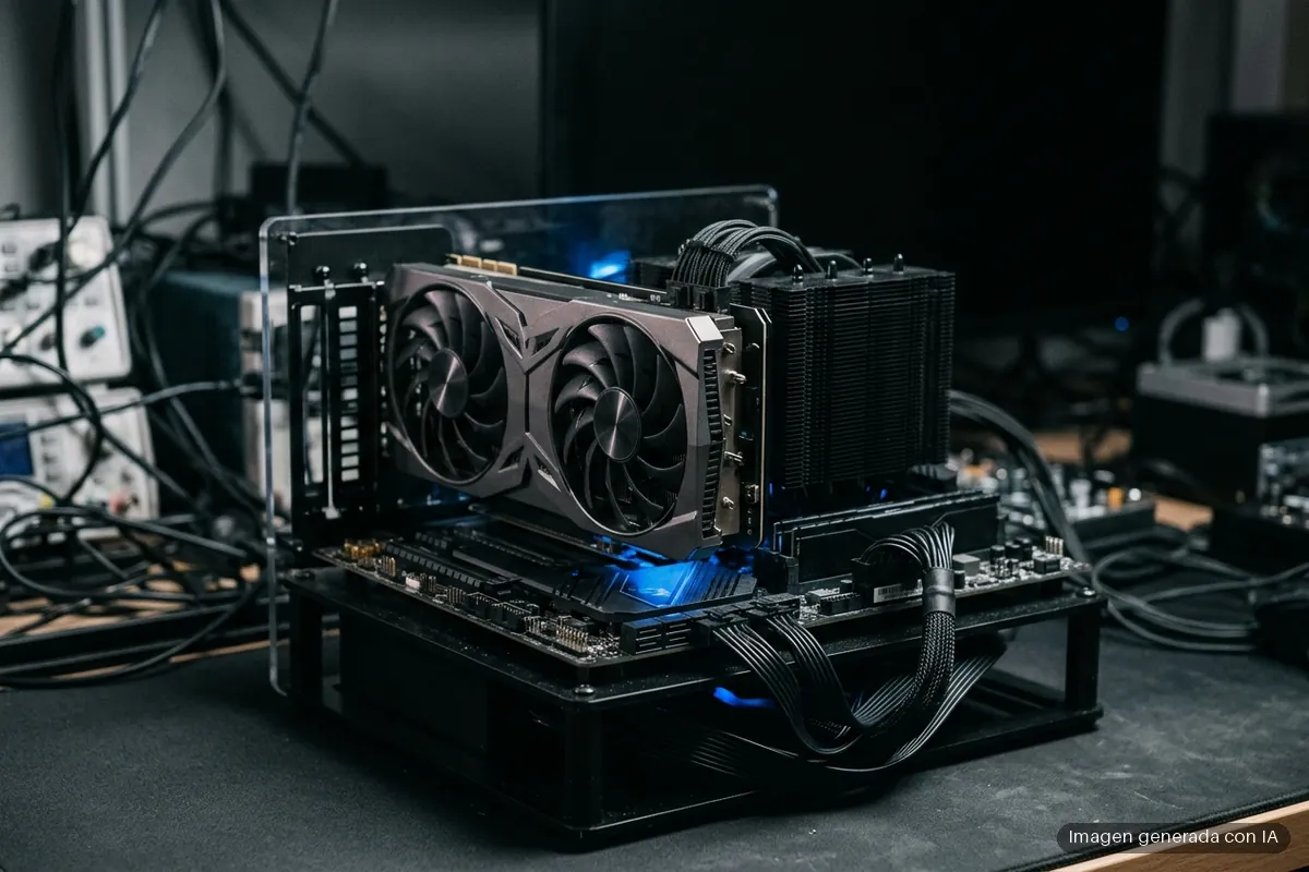 448-filtracion-nvidia-rtx-60-rubin-2027 Tarjeta gráfica de doble ventilador instalada en placa base dentro de chasis transparente, con iluminación azul y cables conectados. Imagen generada con IA.