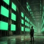 Persona de pie en un pasillo industrial con enormes paneles verdes fluorescentes a ambos lados, suelo húmedo y luces reflejadas. Imagen generada con IA.