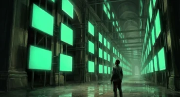 Persona de pie en un pasillo industrial con enormes paneles verdes fluorescentes a ambos lados, suelo húmedo y luces reflejadas. Imagen generada con IA.
