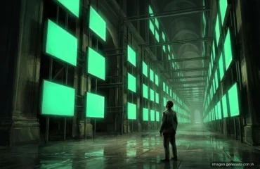 454-xbox-niega-rumores-recorte-game-pass Persona de pie en un pasillo industrial con enormes paneles verdes fluorescentes a ambos lados, suelo húmedo y luces reflejadas. Imagen generada con IA.