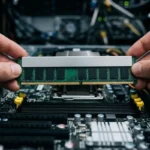 Módulo de memoria DDR5 con disipador metálico sujeto con las manos sobre una placa base de servidor con las ranuras vacías. Imagen generada con IA.
