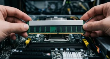 Módulo de memoria DDR5 con disipador metálico sujeto con las manos sobre una placa base de servidor con las ranuras vacías. Imagen generada con IA.