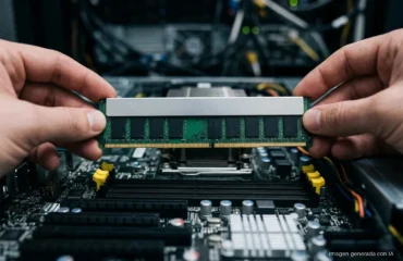 Módulo de memoria DDR5 con disipador metálico sujeto con las manos sobre una placa base de servidor con las ranuras vacías. Imagen generada con IA.