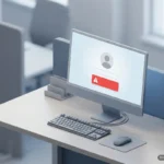 Monitor de escritorio mostrando un icono de usuario y un mensaje de alerta rojo sobre una mesa de oficina. Imagen generada con IA.