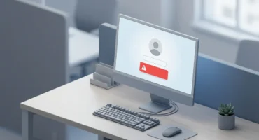 Monitor de escritorio mostrando un icono de usuario y un mensaje de alerta rojo sobre una mesa de oficina. Imagen generada con IA.