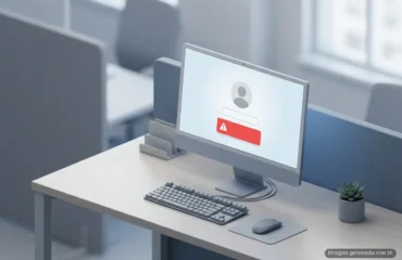 Monitor de escritorio mostrando un icono de usuario y un mensaje de alerta rojo sobre una mesa de oficina. Imagen generada con IA.
